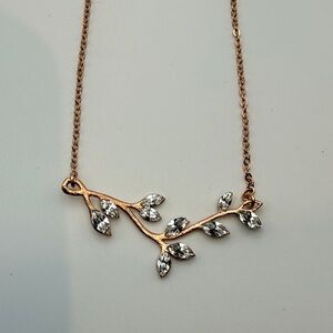 Rose Gold Leaf Branch Necklace with Clear Crystal Accents